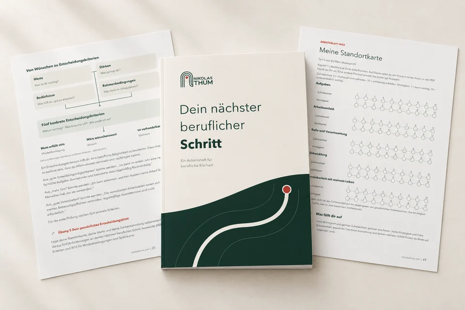 Workbook Dein nächster beruflicher Schritt von Nikolas Thum mit zwei beispielhaften Innenseiten